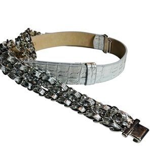 Chico's Metallic Silver Croc-Embossed Belt/ Multi Strand Rhinestone Chain Sz M/L